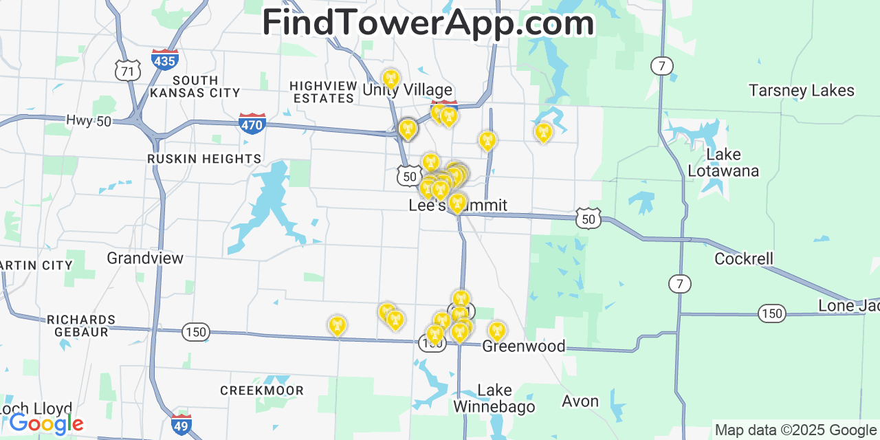Map showing the 37 primary AT&T cell tower locations detected in Lee S Summit, Missouri with coverage radius and signal strength indicators