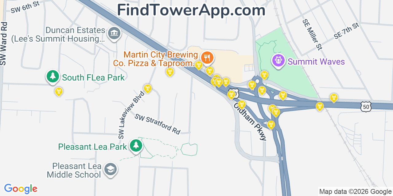 Map showing the 20 primary cell tower locations detected in Lee S Summit, Missouri from AT&T, Verizon, and T-Mobile networks
