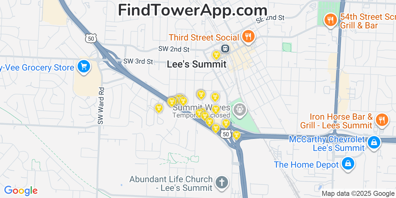 Map showing the 20 primary T-Mobile cell tower locations detected in Lee S Summit, Missouri with coverage radius and signal strength indicators