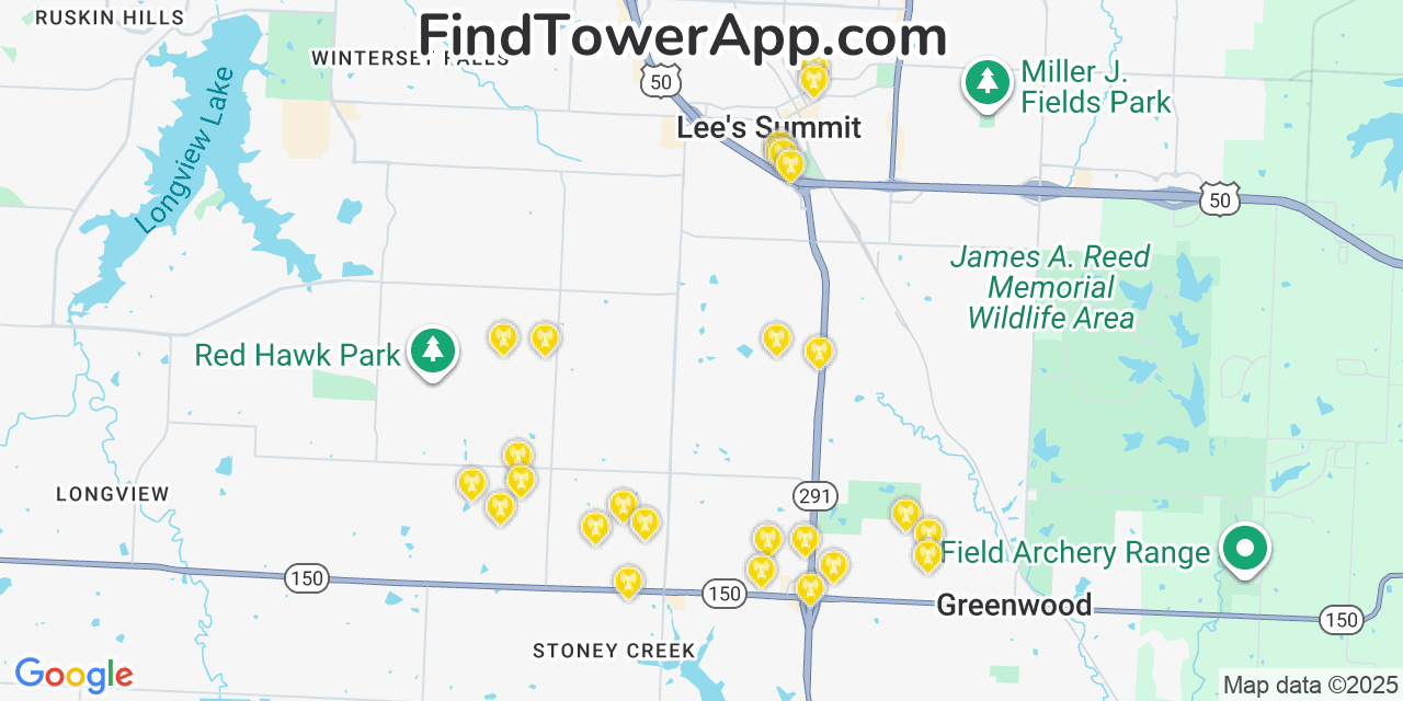 Map showing the 26 primary Verizon cell tower locations detected in Lee S Summit, Missouri with coverage radius and signal strength indicators