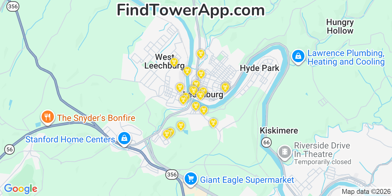 Map showing the 20 primary cell tower locations detected in Leechburg, Pennsylvania from AT&T, Verizon, and T-Mobile networks