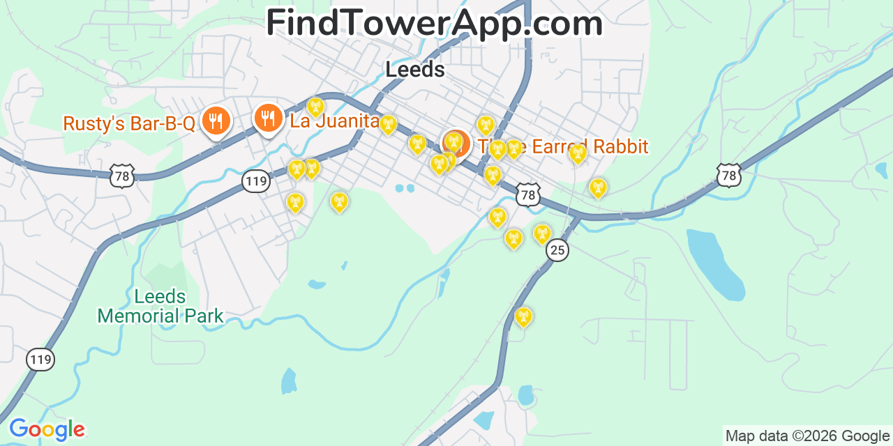 Map showing the 20 primary cell tower locations detected in Leeds, Alabama from AT&T, Verizon, and T-Mobile networks