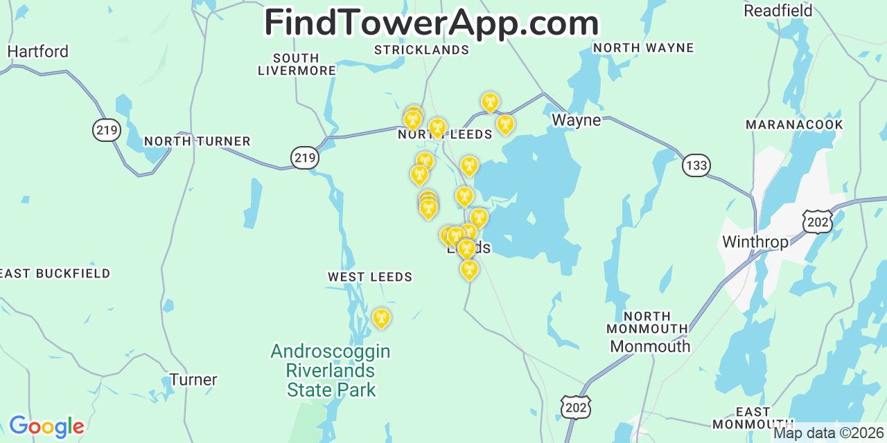 Map showing the 20 primary cell tower locations detected in Leeds, Maine from AT&T, Verizon, and T-Mobile networks