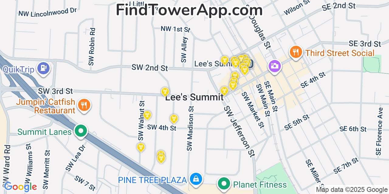 Map showing the 20 primary cell tower locations detected in Lees Summit, Missouri from AT&T, Verizon, and T-Mobile networks