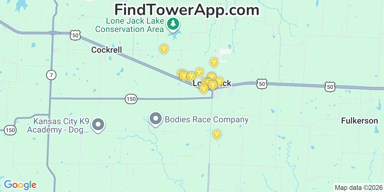Map showing the 20 primary cell tower locations detected in Lees Summit, Missouri from AT&T, Verizon, and T-Mobile networks