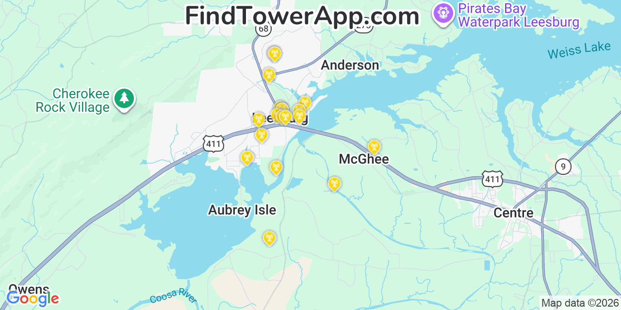 Map showing the 20 primary cell tower locations detected in Leesburg, Alabama from AT&T, Verizon, and T-Mobile networks