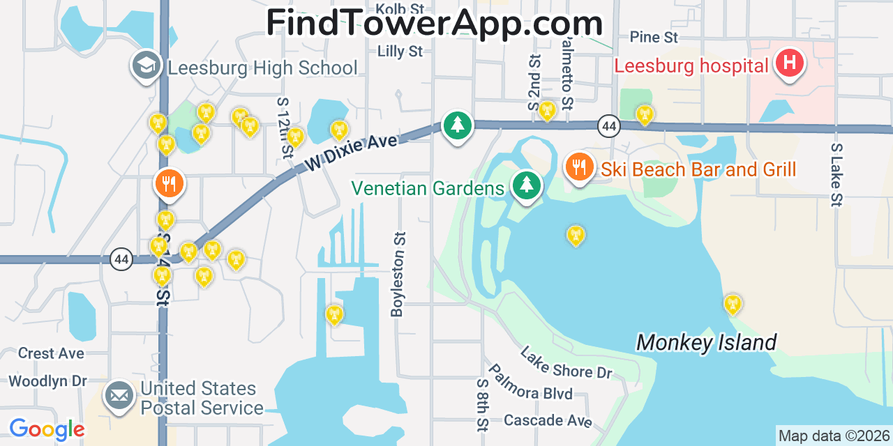 Map showing the 20 primary cell tower locations detected in Leesburg, Florida from AT&T, Verizon, and T-Mobile networks