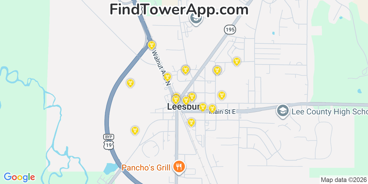 Map showing the 20 primary cell tower locations detected in Leesburg, Georgia from AT&T, Verizon, and T-Mobile networks