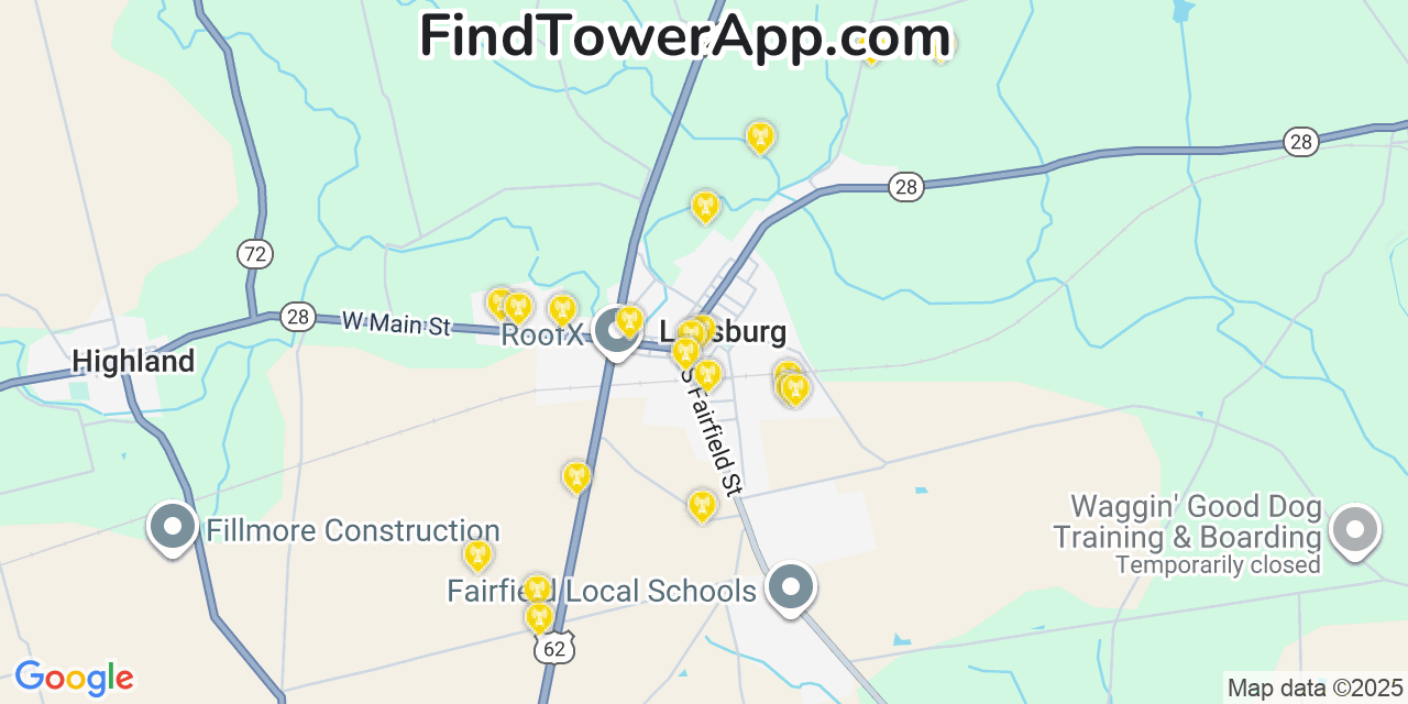 Map showing the 20 primary cell tower locations detected in Leesburg, Ohio from AT&T, Verizon, and T-Mobile networks