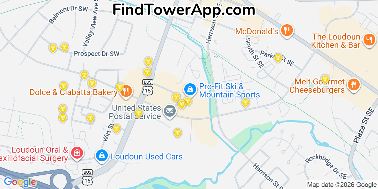 Map showing the 20 primary cell tower locations detected in Leesburg, Virginia from AT&T, Verizon, and T-Mobile networks