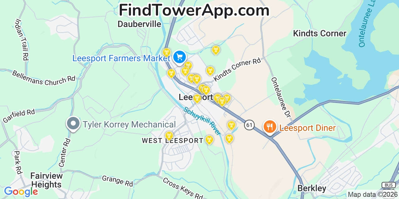 Map showing the 20 primary cell tower locations detected in Leesport, Pennsylvania from AT&T, Verizon, and T-Mobile networks
