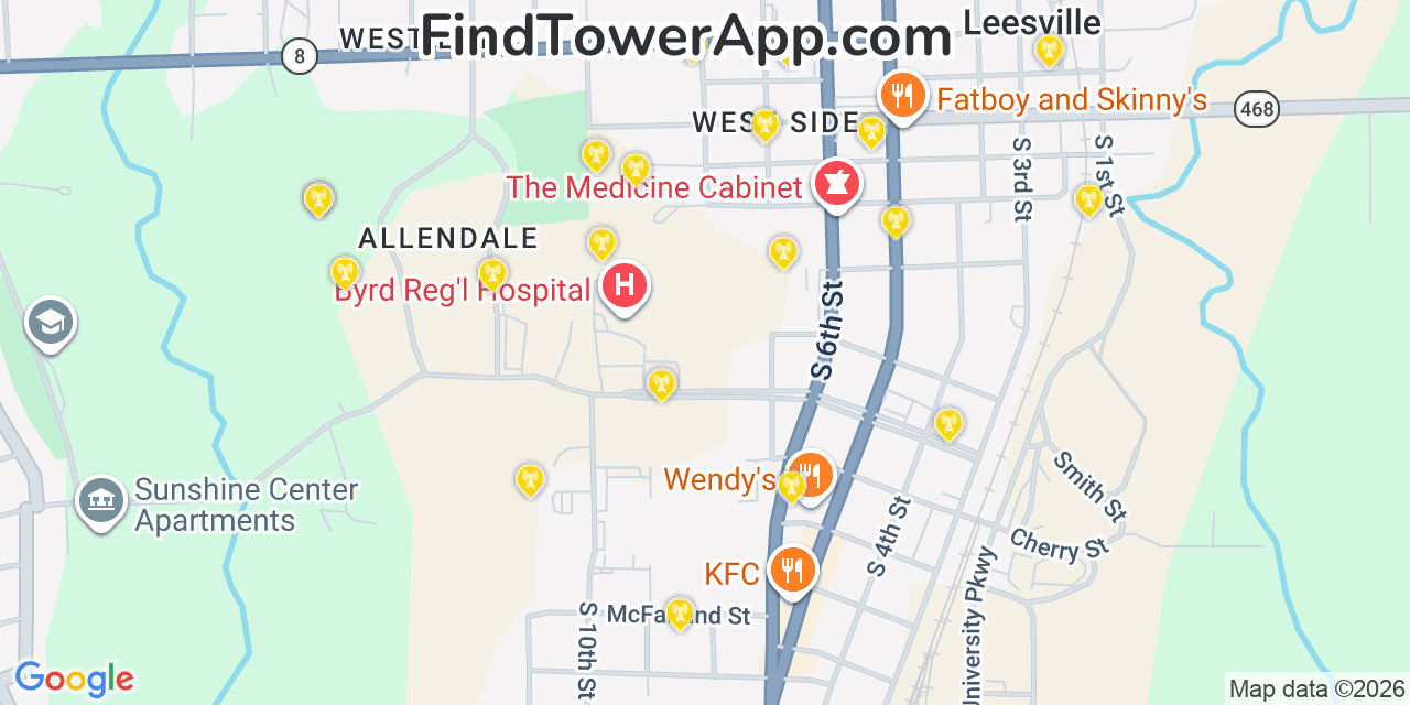 Map showing the 20 primary cell tower locations detected in Leesville, Louisiana from AT&T, Verizon, and T-Mobile networks