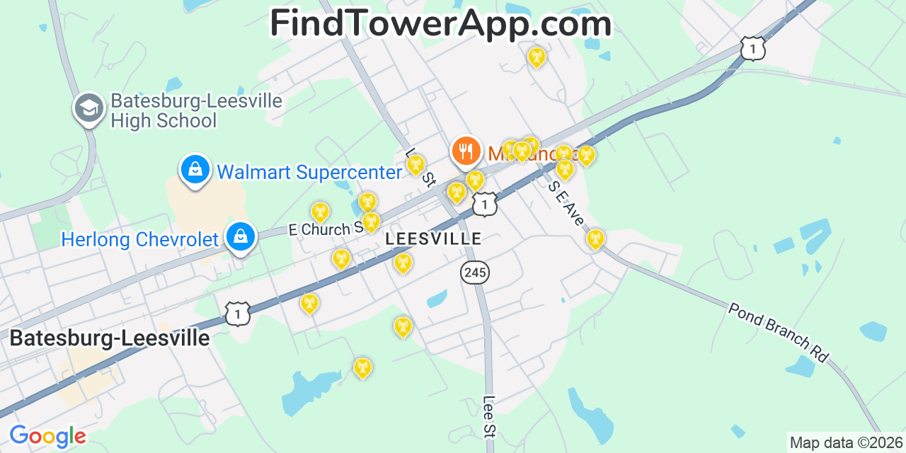 Map showing the 20 primary cell tower locations detected in Leesville, South Carolina from AT&T, Verizon, and T-Mobile networks