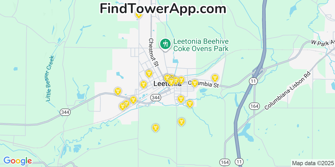 Map showing the 20 primary cell tower locations detected in Leetonia, Ohio from AT&T, Verizon, and T-Mobile networks