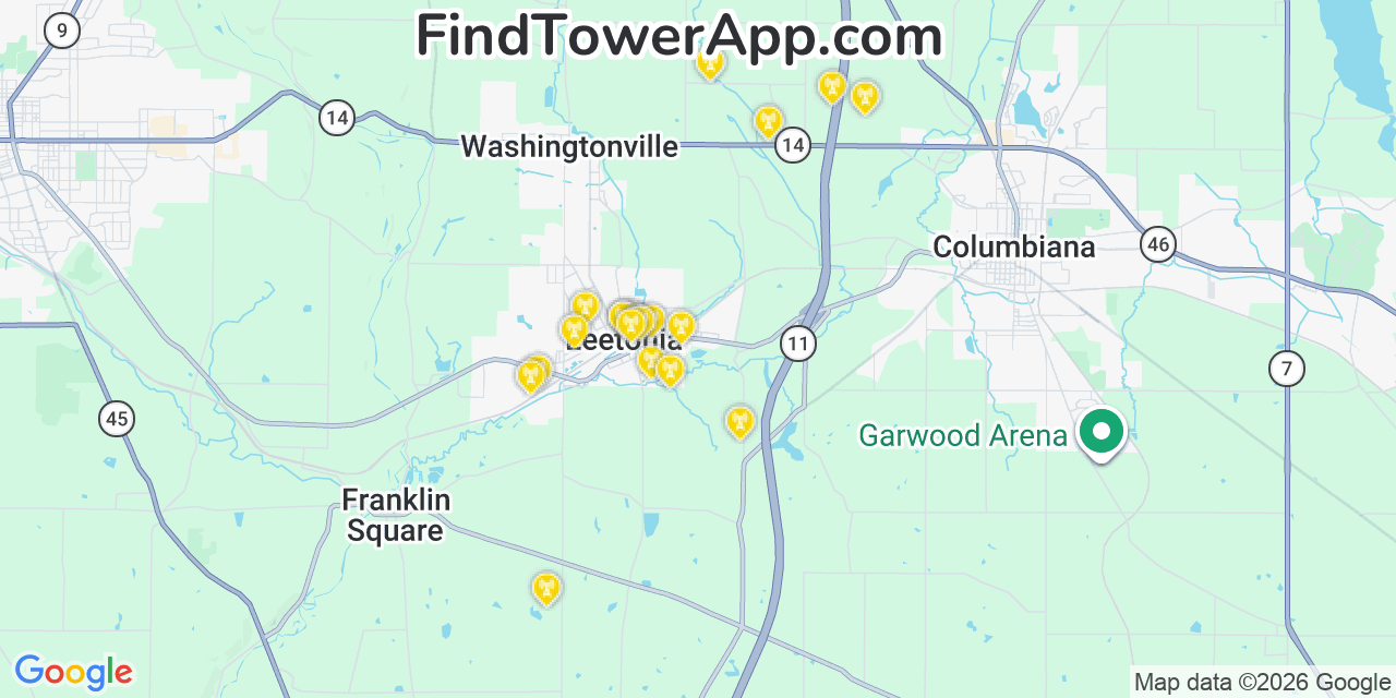 Map showing the 20 primary cell tower locations detected in Leetonia, Ohio from AT&T, Verizon, and T-Mobile networks