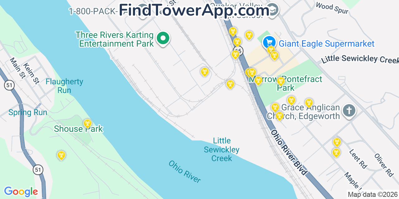 Map showing the 20 primary cell tower locations detected in Leetsdale, Pennsylvania from AT&T, Verizon, and T-Mobile networks