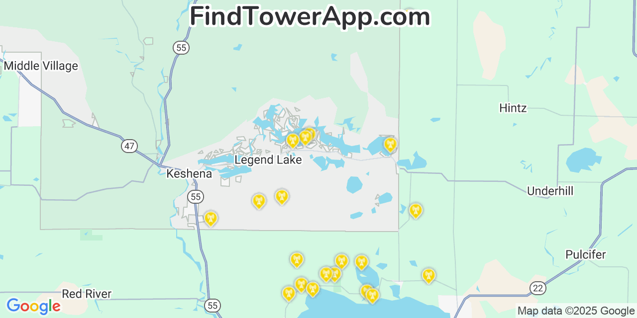 Map showing the 20 primary cell tower locations detected in Legend Lake, Wisconsin from AT&T, Verizon, and T-Mobile networks