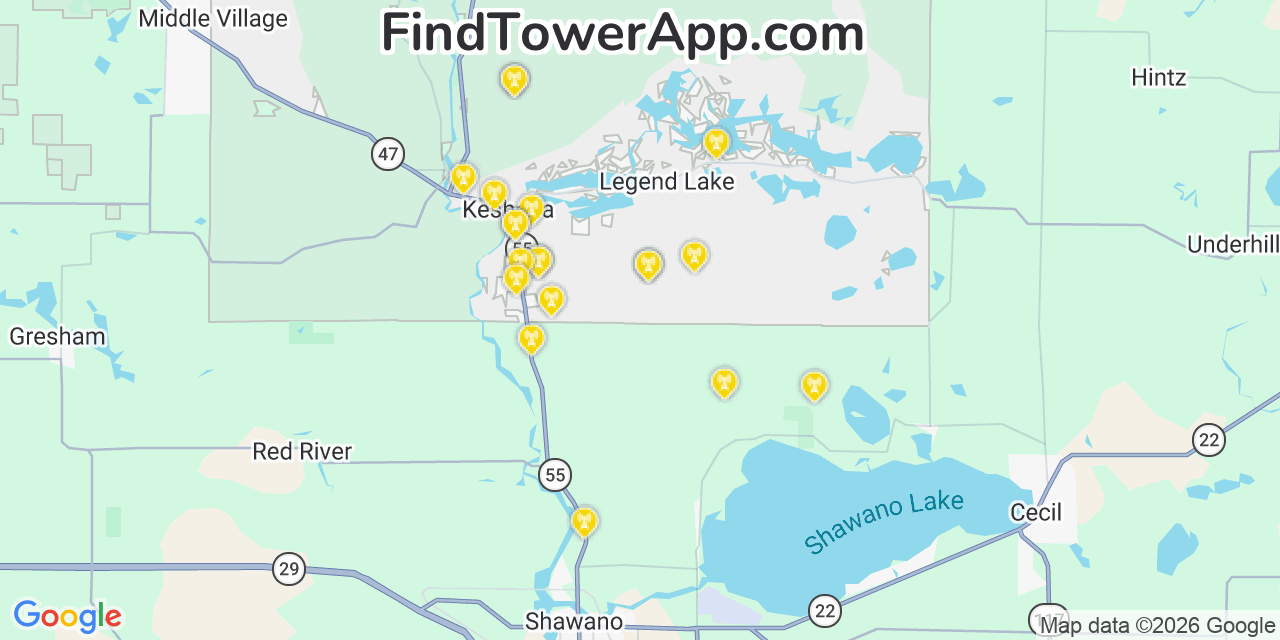 Map showing the 20 primary cell tower locations detected in Legend Lake, Wisconsin from AT&T, Verizon, and T-Mobile networks