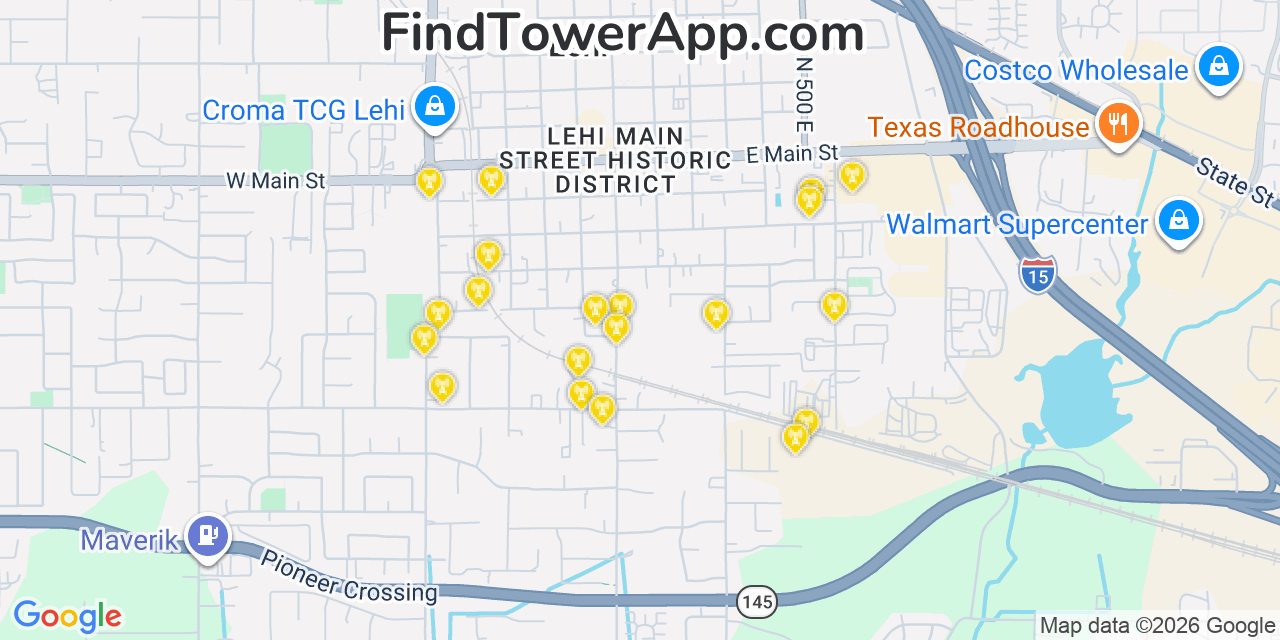 Map showing the 20 primary cell tower locations detected in Lehi, Utah from AT&T, Verizon, and T-Mobile networks