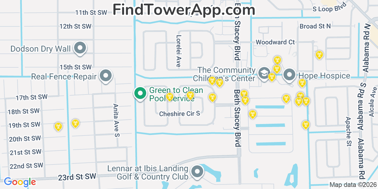 Map showing the 20 primary cell tower locations detected in Lehigh Acres, Florida from AT&T, Verizon, and T-Mobile networks
