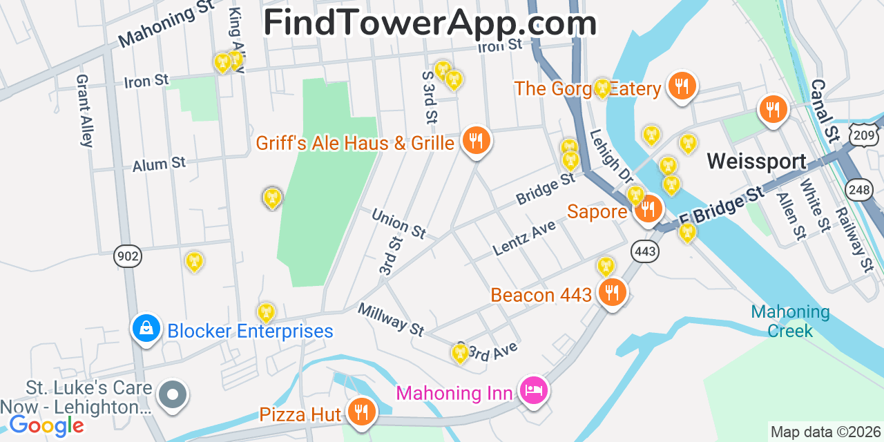 Map showing the 20 primary cell tower locations detected in Lehighton, Pennsylvania from AT&T, Verizon, and T-Mobile networks