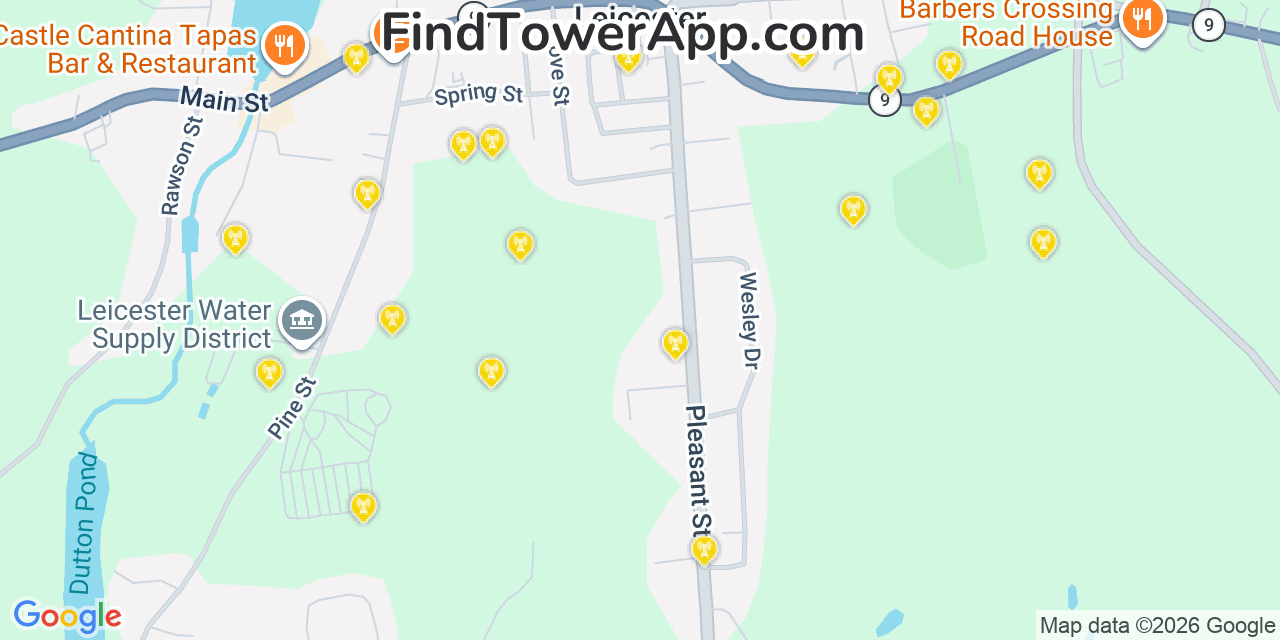 Map showing the 20 primary cell tower locations detected in Leicester, Massachusetts from AT&T, Verizon, and T-Mobile networks