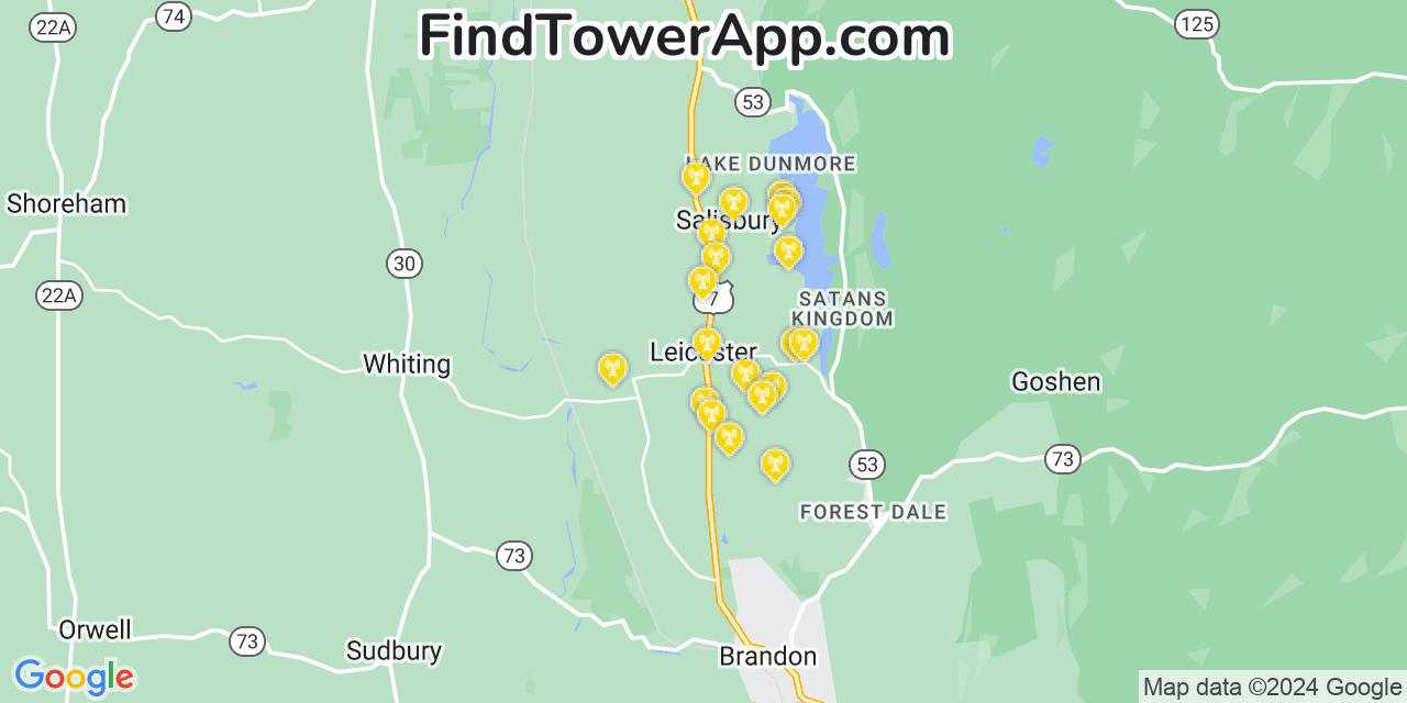 AT&T 4G/5G cell tower coverage map Leicester, Vermont