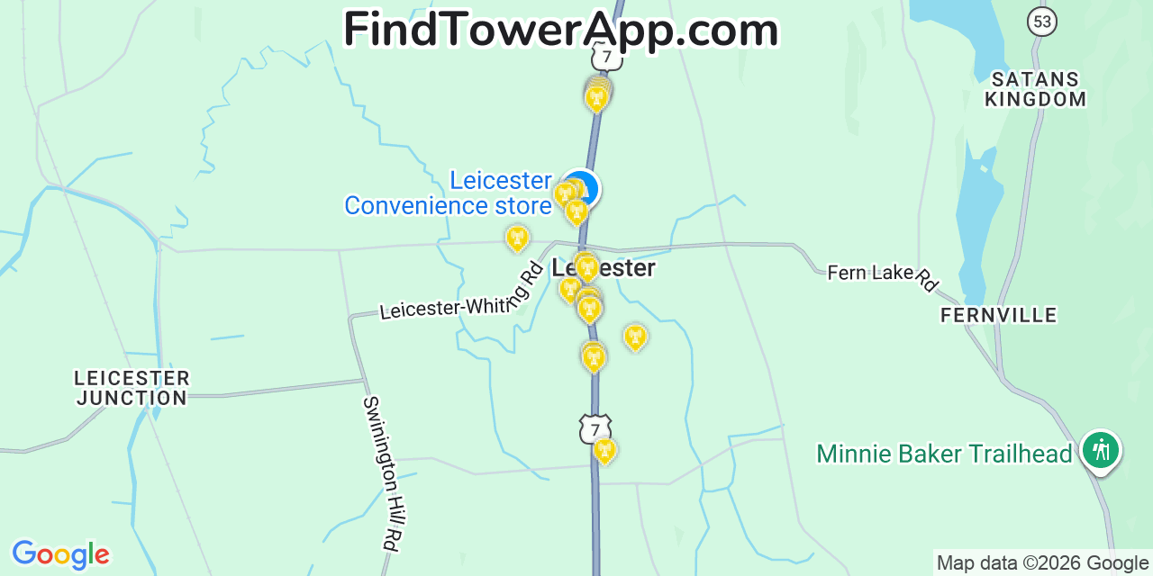 Map showing the 20 primary cell tower locations detected in Leicester, Vermont from AT&T, Verizon, and T-Mobile networks