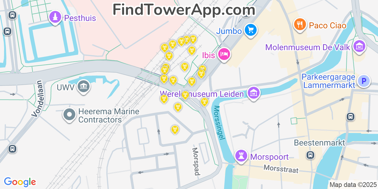 Leiden Cell Towers, Netherlands - FindTower App Coverage Maps