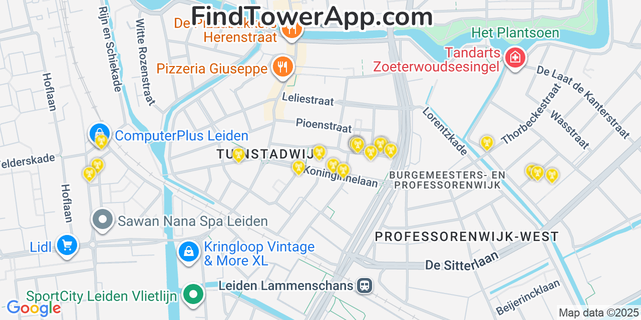 Map showing the 20 primary cell tower locations detected in Leiden, Netherlands with coverage areas and signal strength
