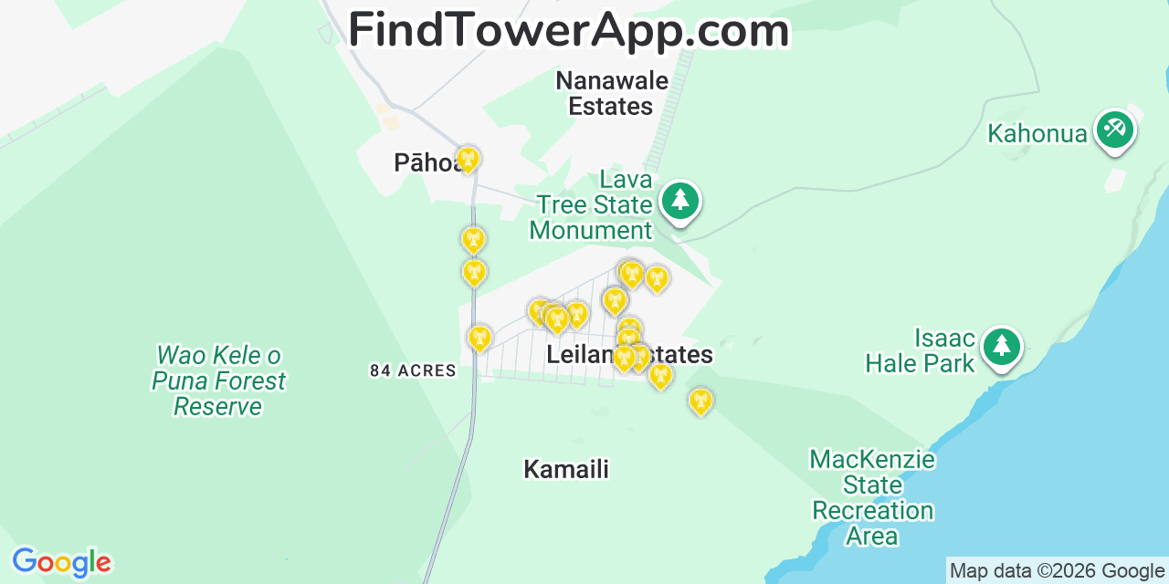 Map showing the 20 primary cell tower locations detected in Leilani Estates, Hawaii from AT&T, Verizon, and T-Mobile networks
