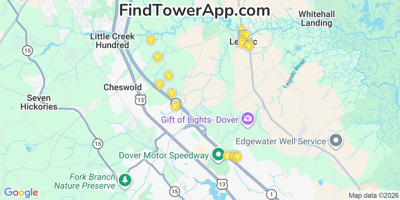 Map showing the 20 primary cell tower locations detected in Leipsic, Delaware from AT&T, Verizon, and T-Mobile networks