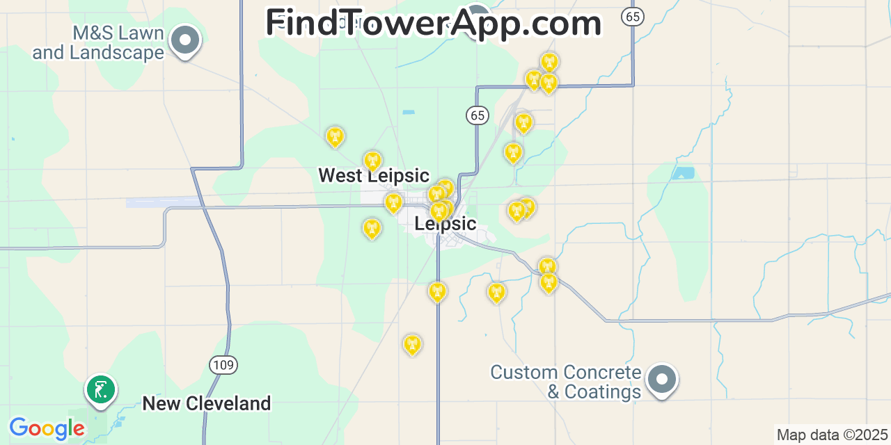 Map showing the 20 primary cell tower locations detected in Leipsic, Ohio from AT&T, Verizon, and T-Mobile networks