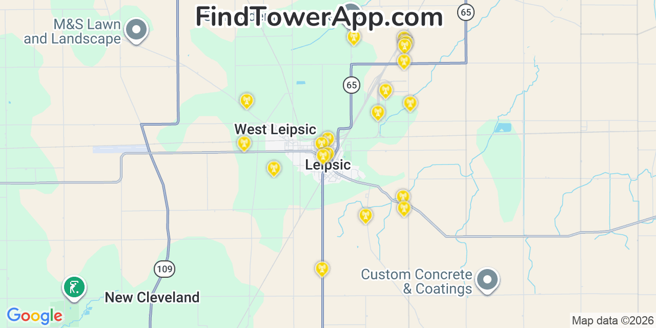 Map showing the 20 primary cell tower locations detected in Leipsic, Ohio from AT&T, Verizon, and T-Mobile networks