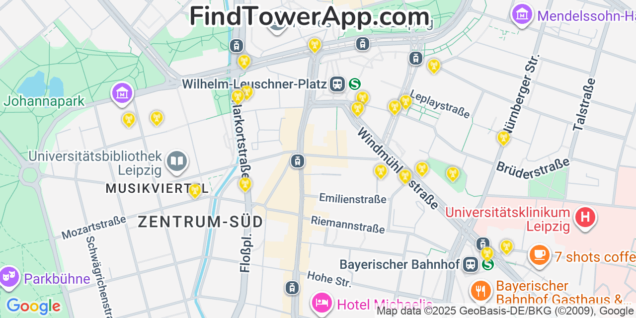 Map showing the 20 primary cell tower locations detected in Leipzig, Germany with coverage areas and signal strength