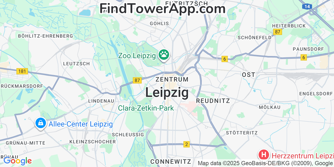 Map showing the 0 primary Telekom cell tower locations detected in Leipzig, Germany with coverage radius and signal strength indicators