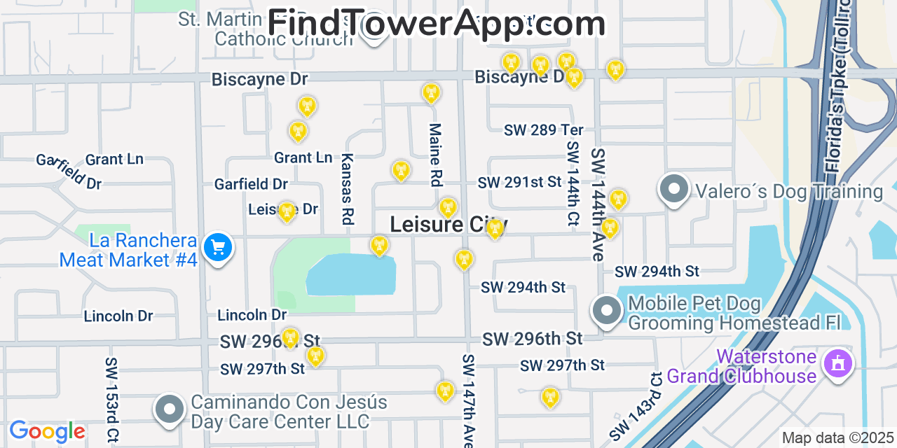 Map showing the 20 primary cell tower locations detected in Leisure City, Florida from AT&T, Verizon, and T-Mobile networks