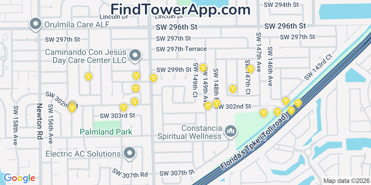 Map showing the 20 primary cell tower locations detected in Leisure City, Florida from AT&T, Verizon, and T-Mobile networks