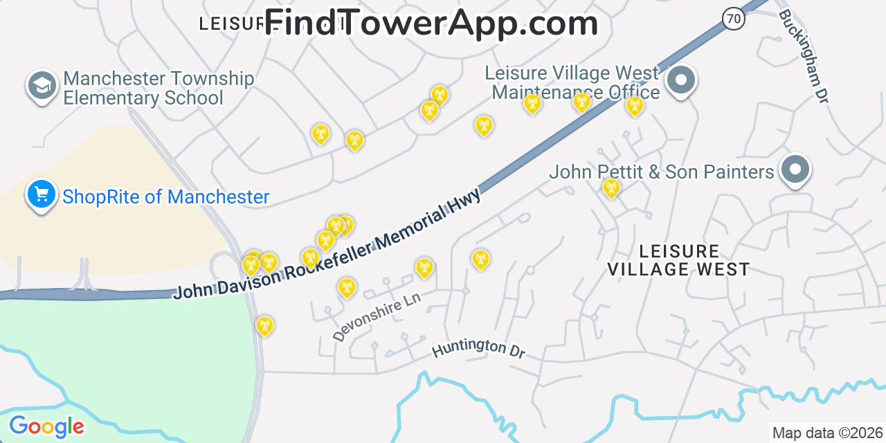 Map showing the 20 primary cell tower locations detected in Leisure Knoll, New Jersey from AT&T, Verizon, and T-Mobile networks