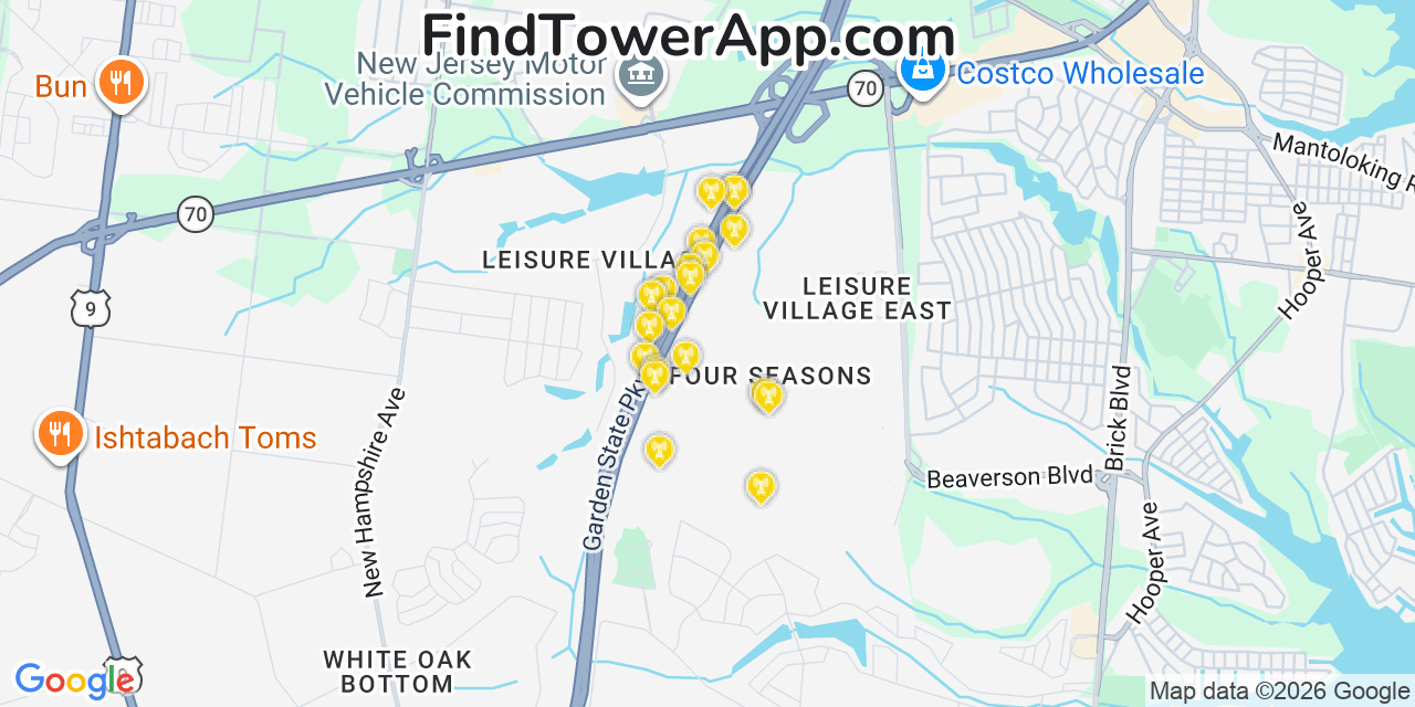 Map showing the 20 primary cell tower locations detected in Leisure Village East, New Jersey from AT&T, Verizon, and T-Mobile networks