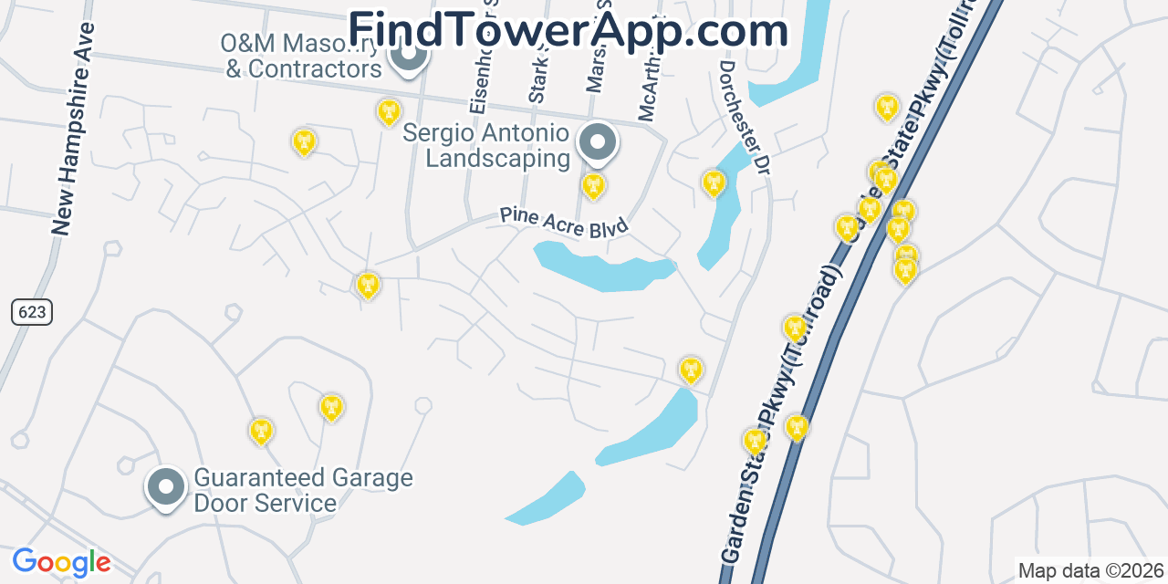 Map showing the 20 primary cell tower locations detected in Leisure Village, New Jersey from AT&T, Verizon, and T-Mobile networks