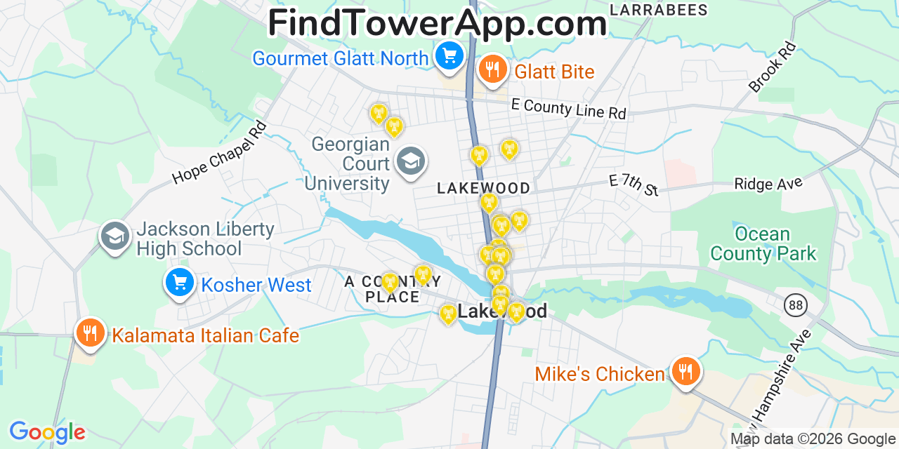 Map showing the 20 primary cell tower locations detected in Leisure Village West Pine Lake Park, New Jersey from AT&T, Verizon, and T-Mobile networks