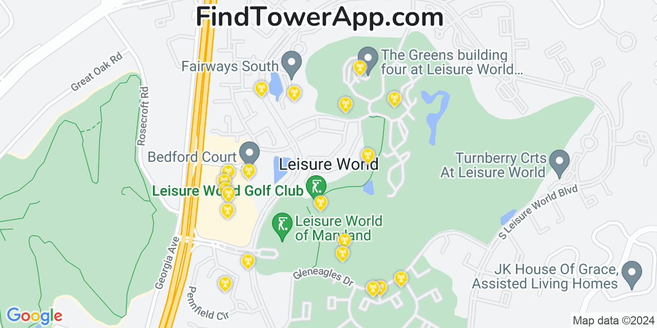 AT&T 4G/5G cell tower coverage map Leisure World, Maryland