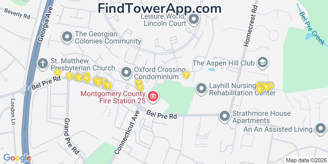 Map showing the 20 primary cell tower locations detected in Leisure World, Maryland from AT&T, Verizon, and T-Mobile networks