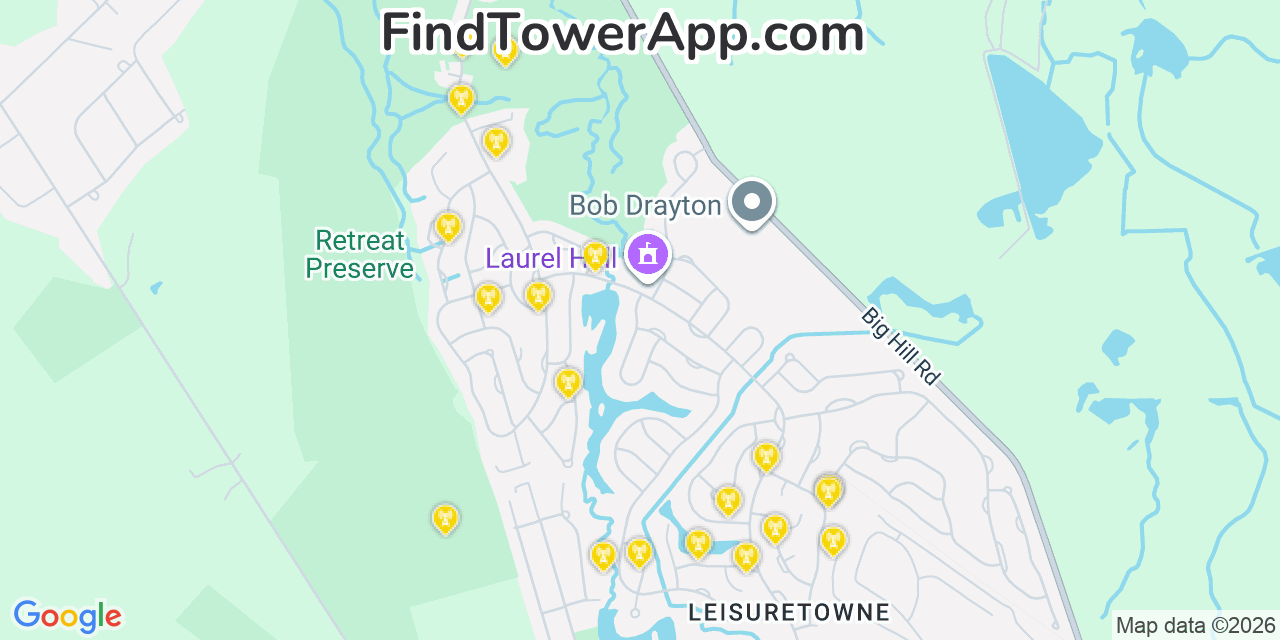 Map showing the 20 primary cell tower locations detected in Leisuretowne, New Jersey from AT&T, Verizon, and T-Mobile networks