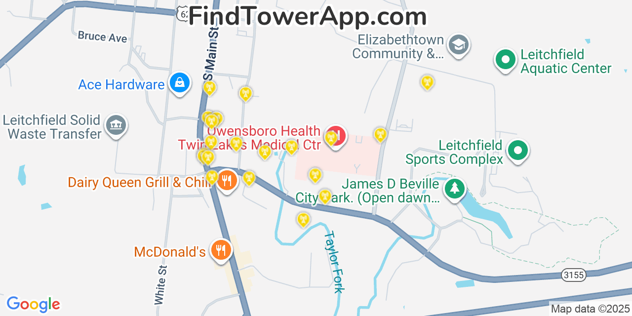 Map showing the 20 primary cell tower locations detected in Leitchfield, Kentucky from AT&T, Verizon, and T-Mobile networks