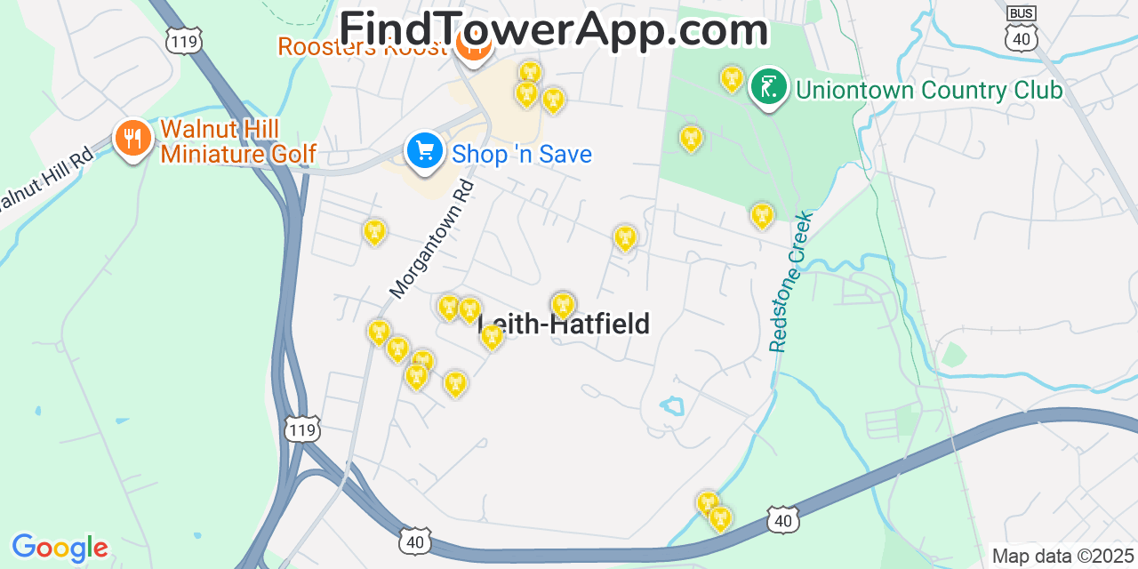 Map showing the 20 primary cell tower locations detected in Leith-Hatfield, Pennsylvania from AT&T, Verizon, and T-Mobile networks