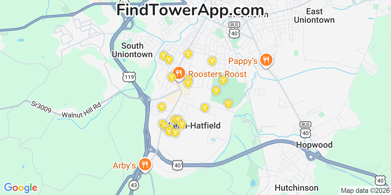 Map showing the 20 primary cell tower locations detected in Leith Hatfield, Pennsylvania from AT&T, Verizon, and T-Mobile networks