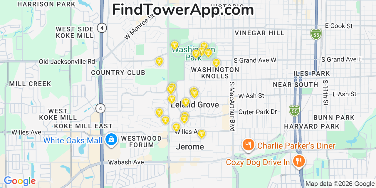 Map showing the 20 primary cell tower locations detected in Leland Grove, Illinois from AT&T, Verizon, and T-Mobile networks
