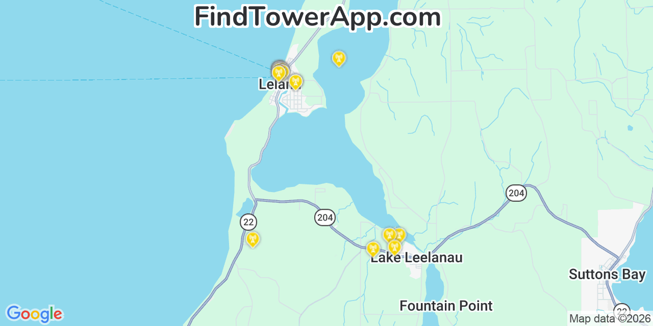 Map showing the 20 primary cell tower locations detected in Leland, Michigan from AT&T, Verizon, and T-Mobile networks